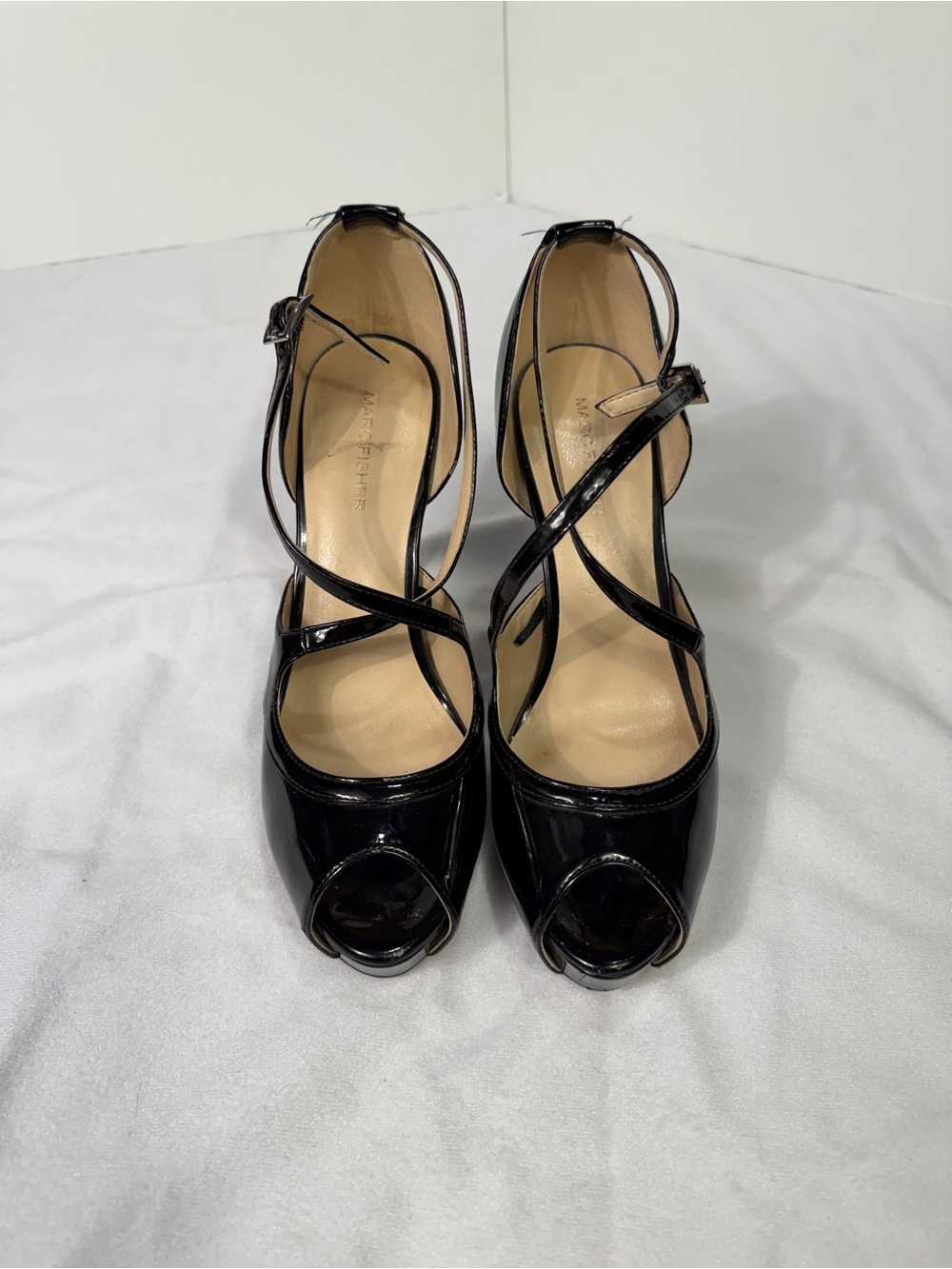 Marc Fisher Black Patent Peep-Toe Strappy Heels